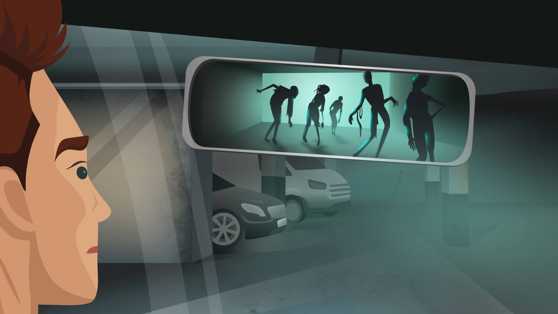 Bild4 aus animiertes Werbevideo ÖAMTC Zombies in Rückspiegel eines Autos