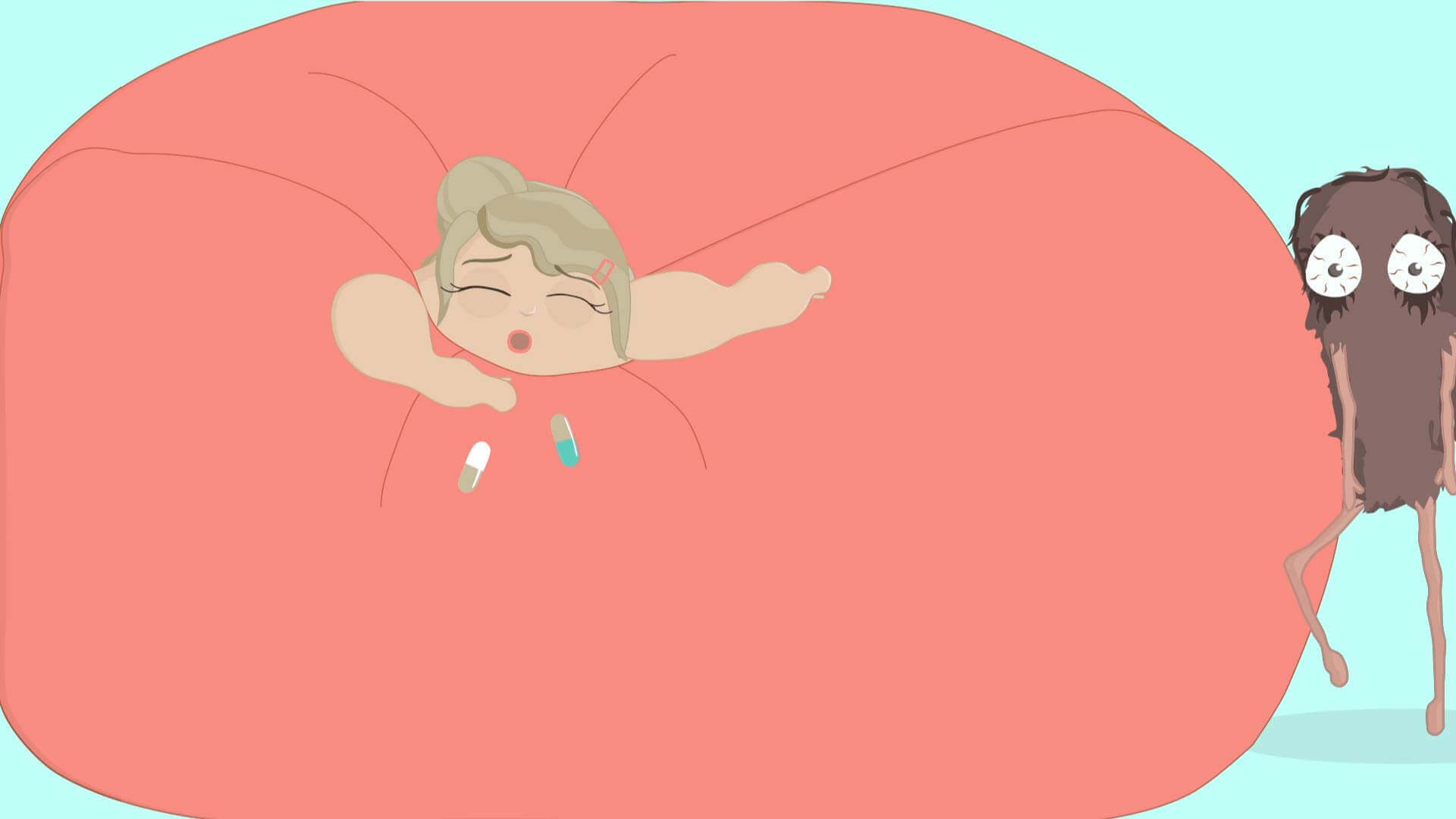 Illustration2 aus dem Animationsvideo Fakes don't care Frau hat zu viele Tabletten geschluckt