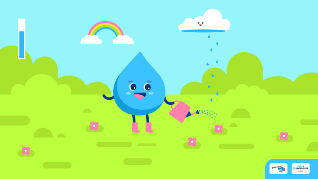 Motiondesign-Erklärvideo ‚Blues Wasserwelten‘ – Wassertropfen-Character bewässert Blumen auf Wiese