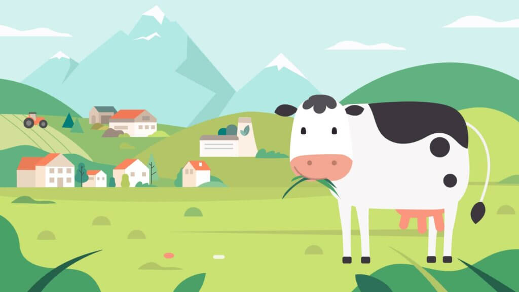 Illustration einer Kuh vor einer grünen Landschaft mit dem Titel „Was ist Biogas?“ aus dem Erklärvideo für die Österreichische Energieagentur.