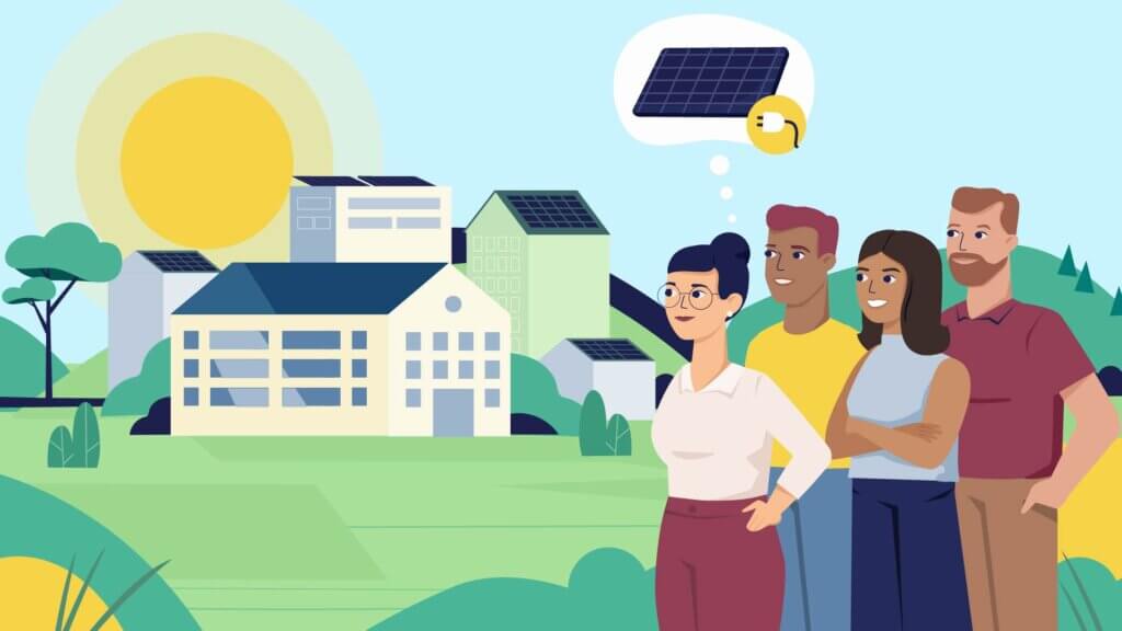 Illustration aus dem Erklärvideo Photovoltaik Ertragsabschätzung: Menschen vor Haus denken an PV Anlage