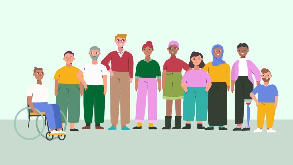 Illustration aus dem Erklärvideo NEBA Betriebsservice: verschiedene inklusiv gestaltete Menschen