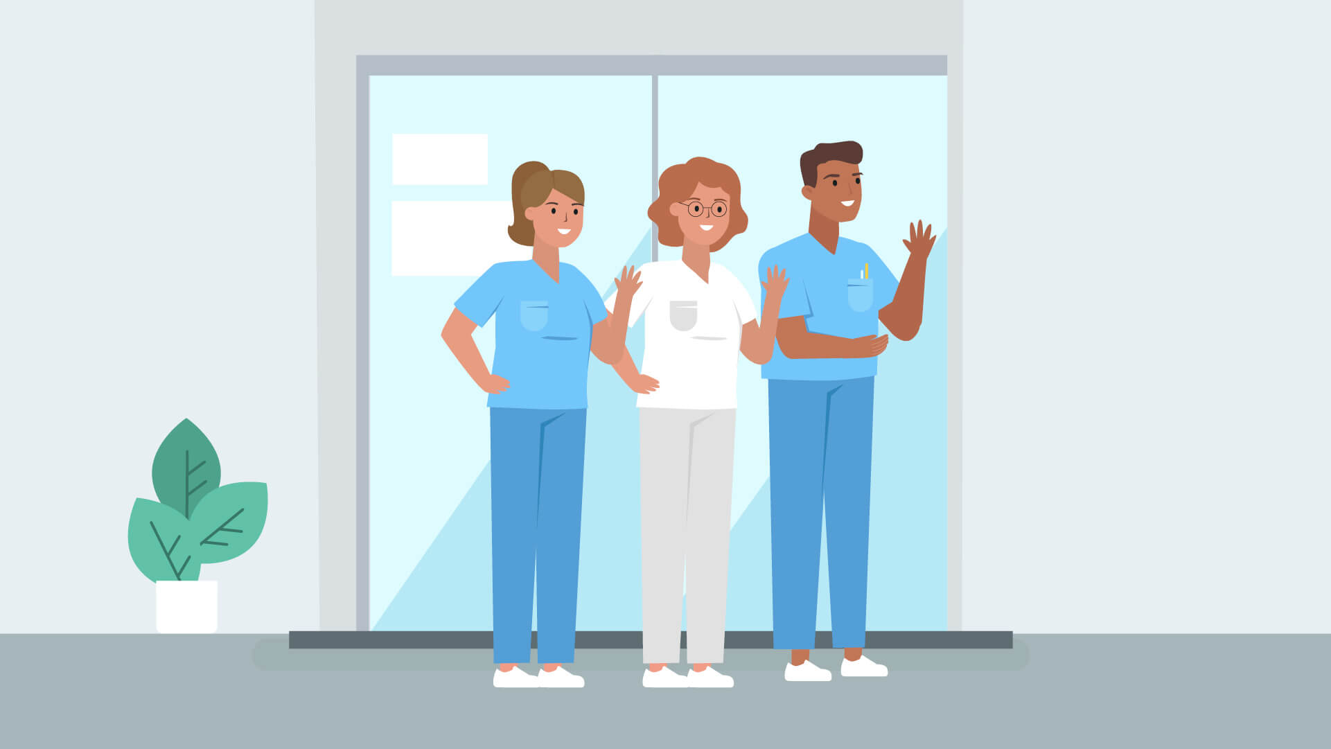 Illustration von einer Krankenschwester, einem Pfleger und einer Ärztin die einer entlassenen Patientin zum Abschied winken.
