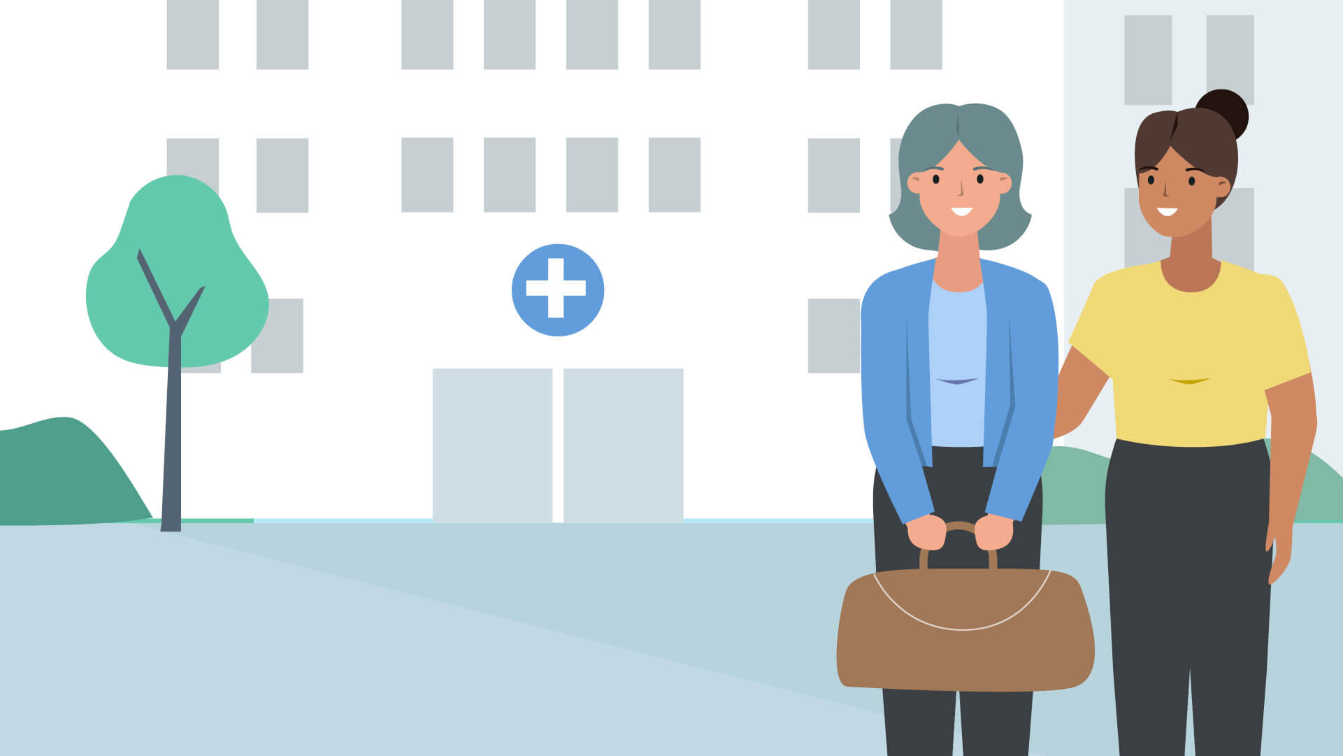 Illustration einer Patientin, die mit einer Angehörigen das Krankenhaus verlässt.