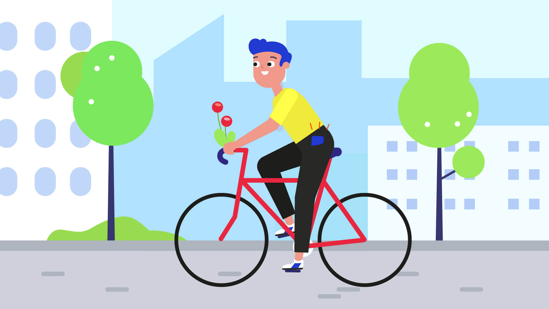 Illustration aus dem Awareness Video Verkehrssicherhiet Radfahrer mit Blumen