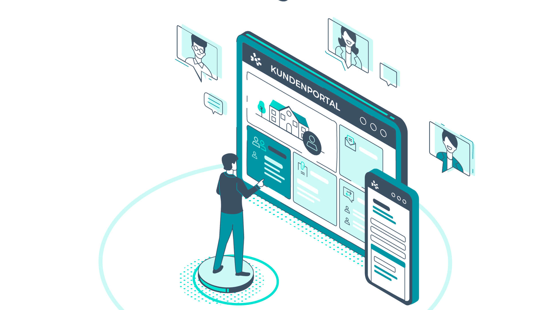 illustration aus dem casavi Erklärvideo isometrisch digitale plattform interface