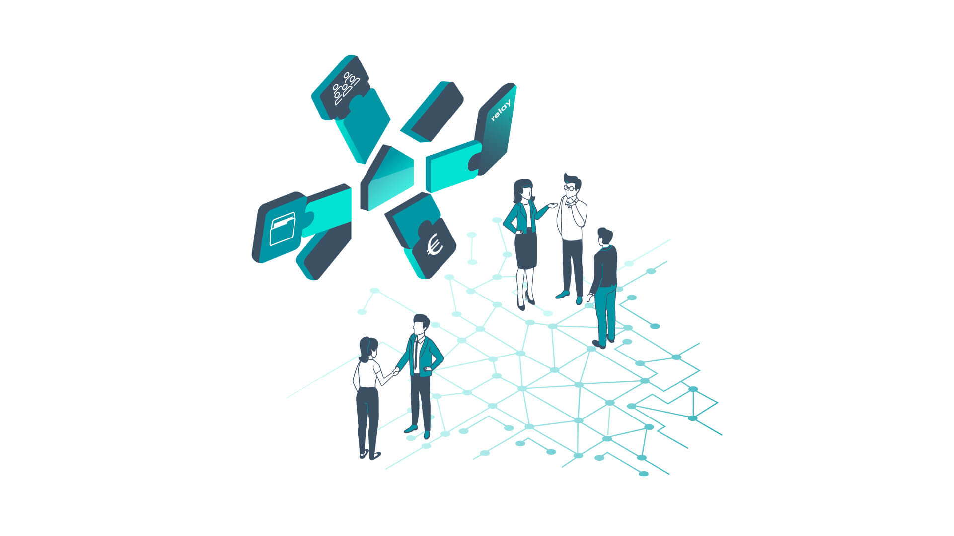 illustration aus dem casavi Erklaervideo isometrisch immobilien zeigt Vernetzung der Akteure