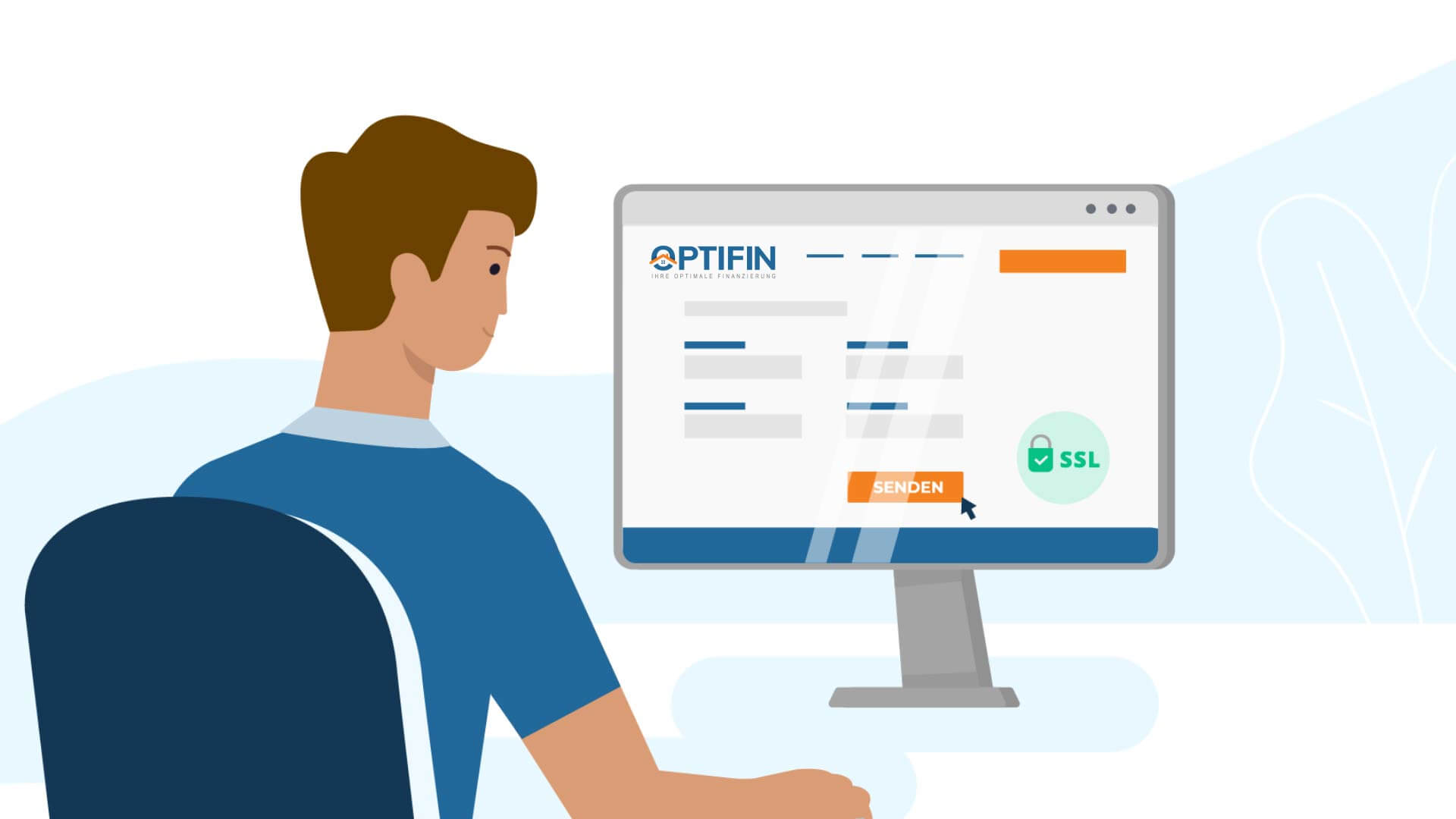 Illustration aus dem Erklärvideo - die optimale Finanzierung finden - Mann suucht am Computer