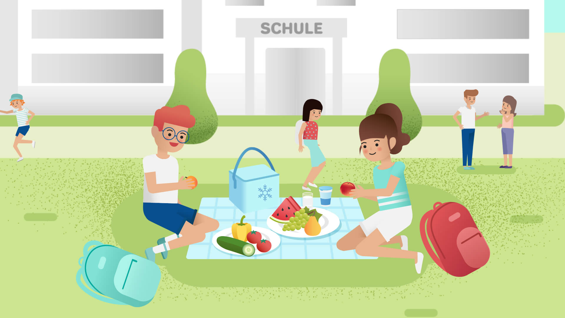 Illustration aus dem Erklärvideo Richtige Ernährung für Kinder: Schulkinder jausnen am Schulhof