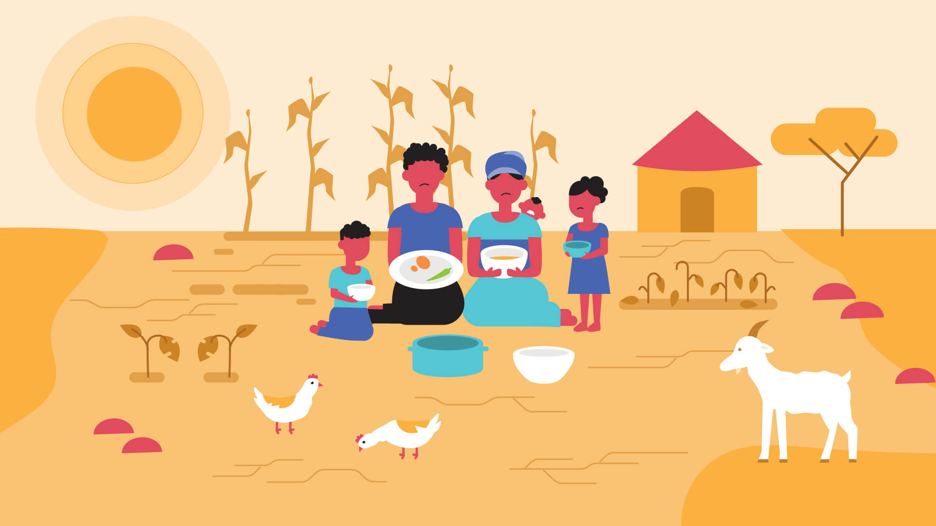 Illustration einer afrikanischen Familie mit zwei Kindern und leeren Tellern vor einer Lehmhütte und einem vertrockneten Feld.
