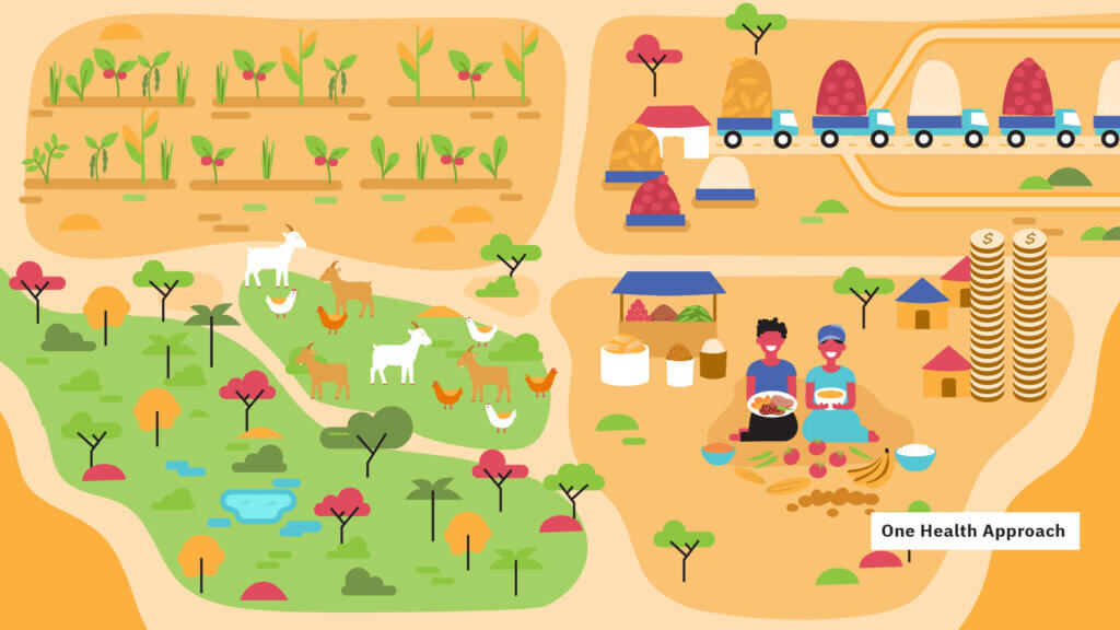 Illustrierte Karte des südlichen Afrikas mit Darstellungen von Landwirtschaft, Wasser, Tieren, Ernährung und Ökosystemen aus dem FoSTA-Health-Erklärvideo.